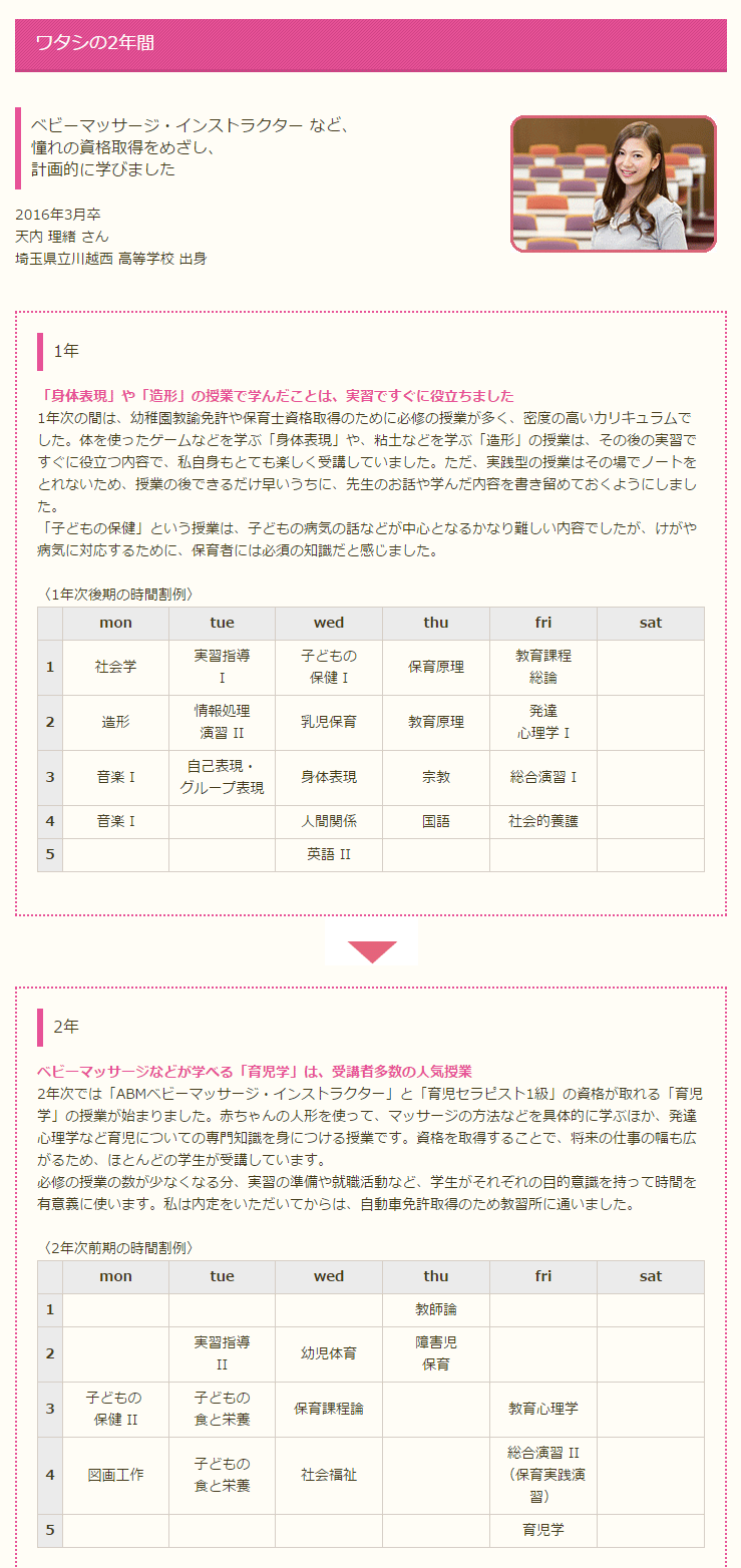 認定養成校である淑徳大学短期大学部で「アタッチメント・ベビーマッサージインストラクター」と「育児セラピスト１級」を取得した学生のカリキュラム